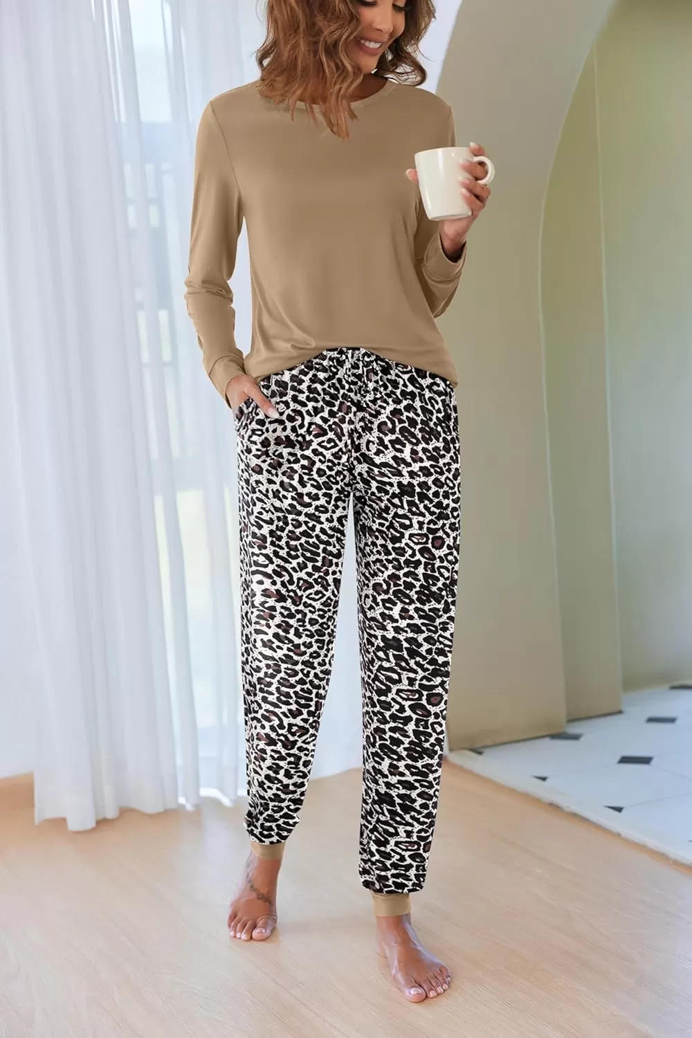 imageEkouaer Pajamas Set for Women Long Sleeve Crew Neck Comfy Pjs Lounge Sets With PocketsKhaki Leopard