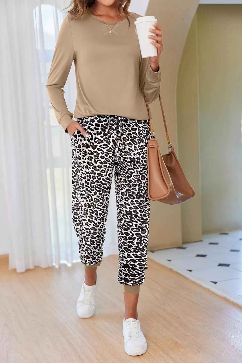 imageEkouaer Pajamas Set for Women Long Sleeve Crew Neck Comfy Pjs Lounge Sets With PocketsKhaki Leopard