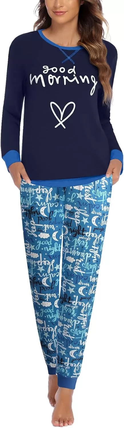 imageEkouaer Pajamas Set for Women Long Sleeve Crew Neck Comfy Pjs Lounge Sets With PocketsNavy Blue Cartoon
