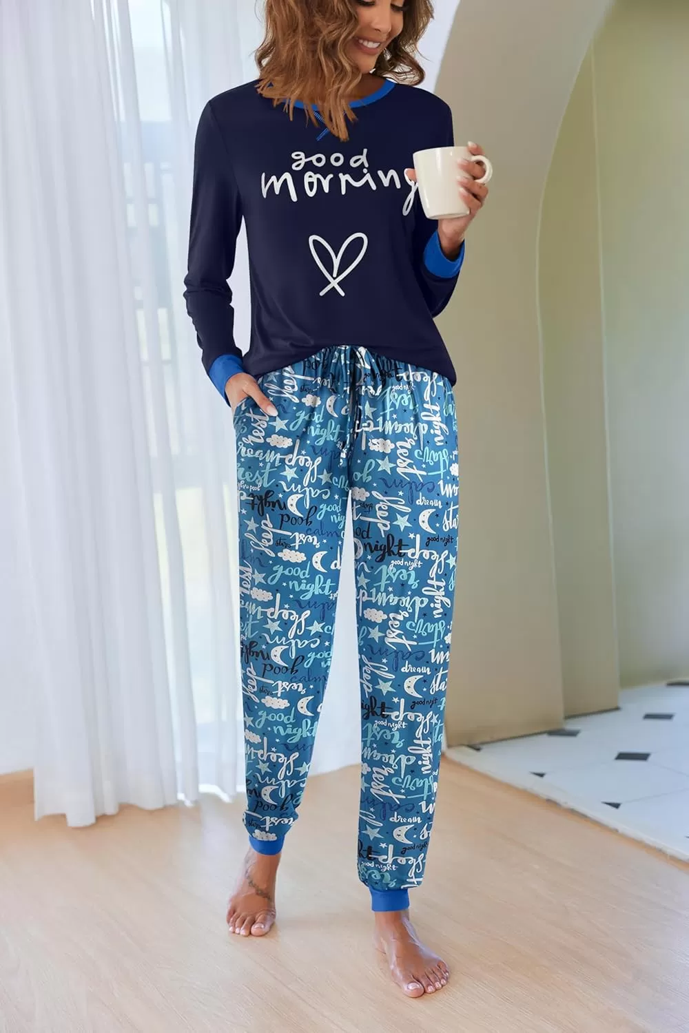 imageEkouaer Pajamas Set for Women Long Sleeve Crew Neck Comfy Pjs Lounge Sets With PocketsNavy Blue Cartoon