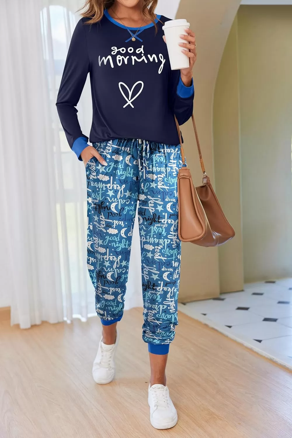 imageEkouaer Pajamas Set for Women Long Sleeve Crew Neck Comfy Pjs Lounge Sets With PocketsNavy Blue Cartoon