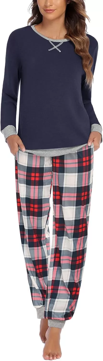 imageEkouaer Pajamas Set for Women Long Sleeve Crew Neck Comfy Pjs Lounge Sets With PocketsNavy Plaid