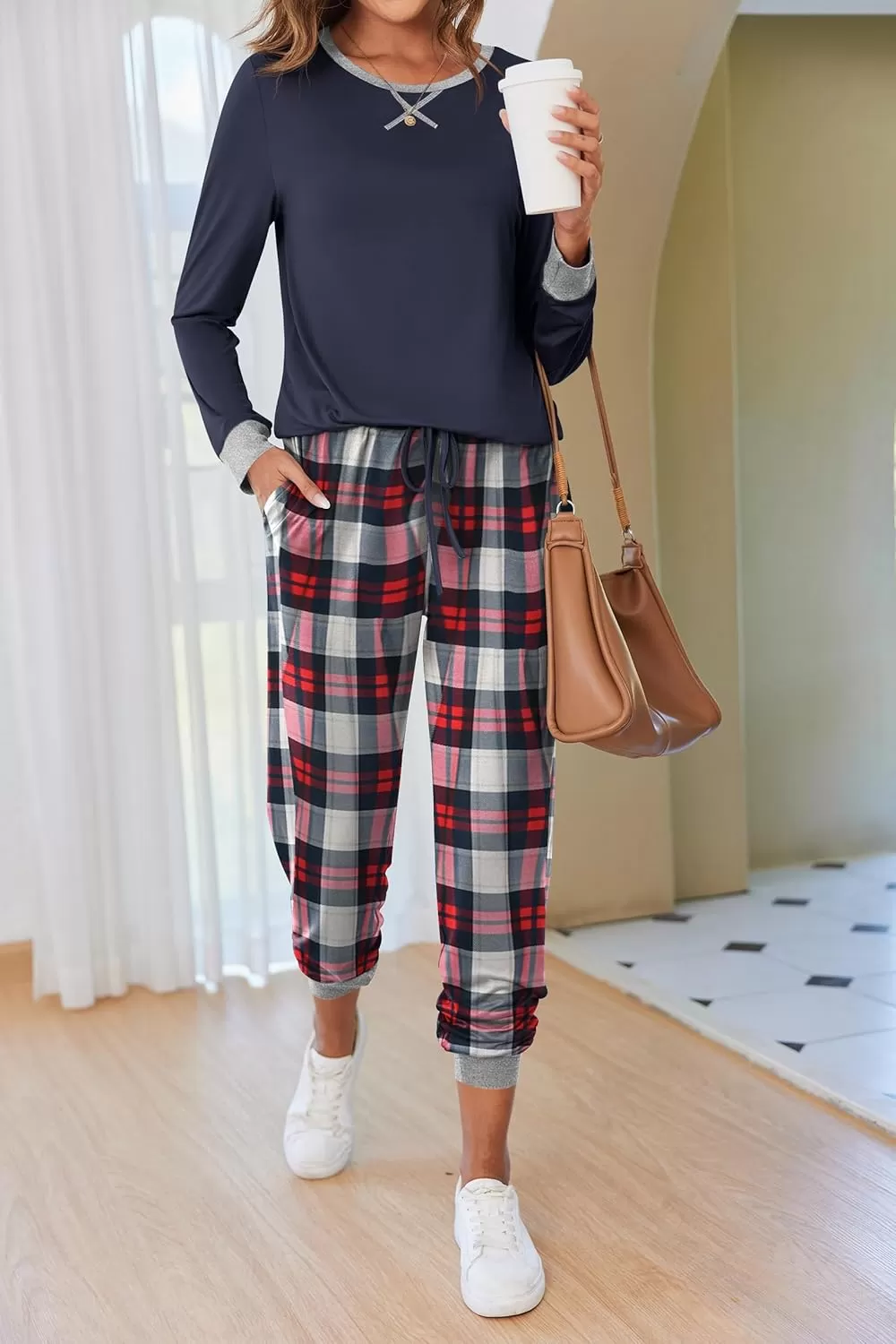 imageEkouaer Pajamas Set for Women Long Sleeve Crew Neck Comfy Pjs Lounge Sets With PocketsNavy Plaid
