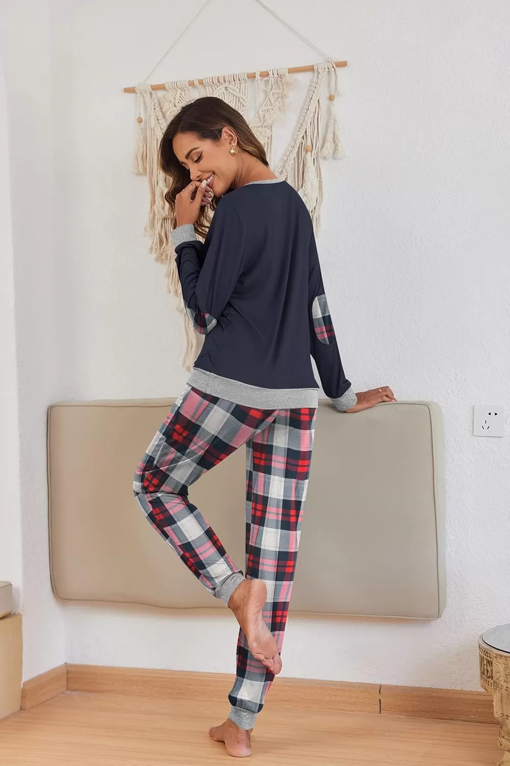 imageEkouaer Pajamas Set for Women Long Sleeve Crew Neck Comfy Pjs Lounge Sets With PocketsNavy Plaid