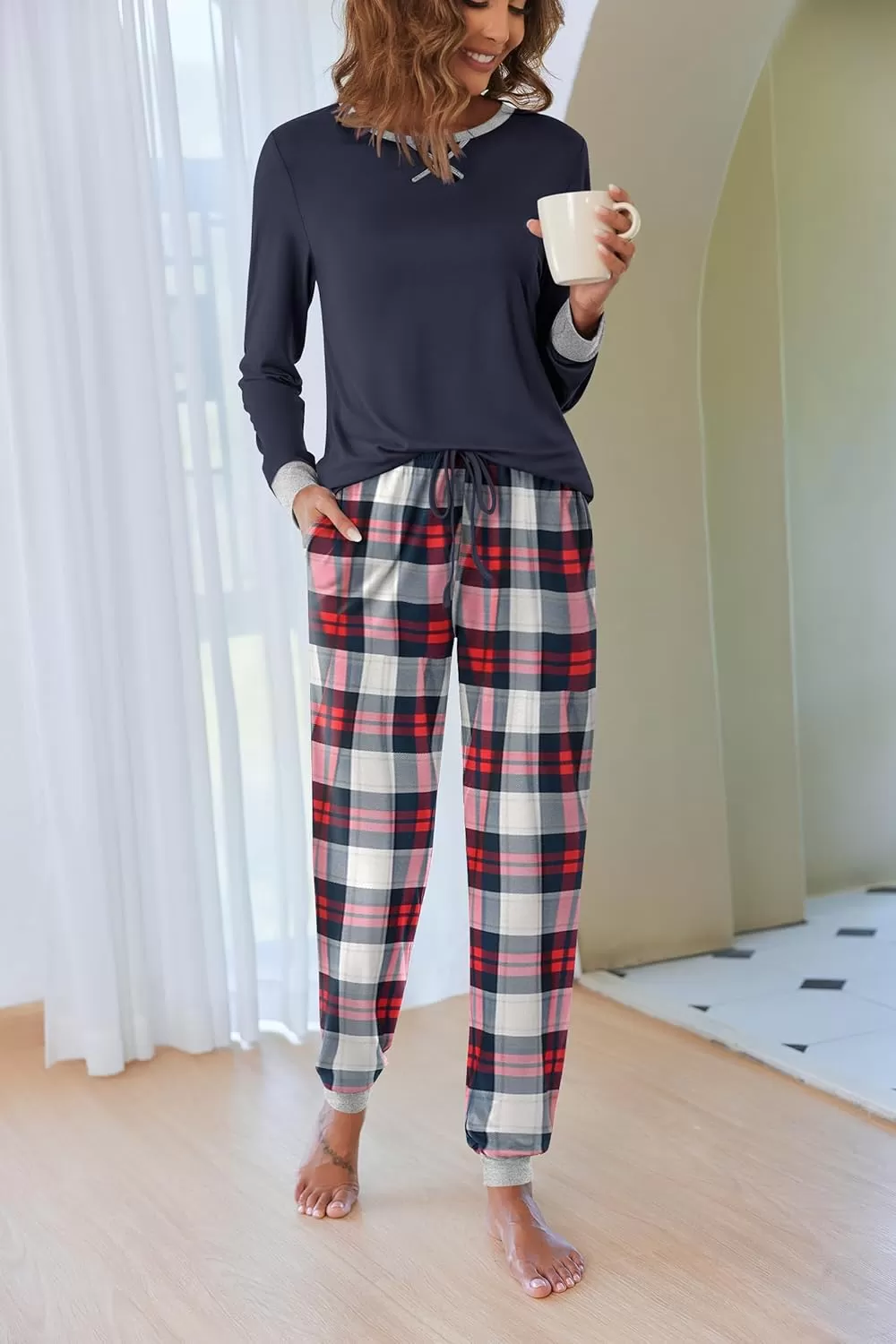 imageEkouaer Pajamas Set for Women Long Sleeve Crew Neck Comfy Pjs Lounge Sets With PocketsNavy Plaid