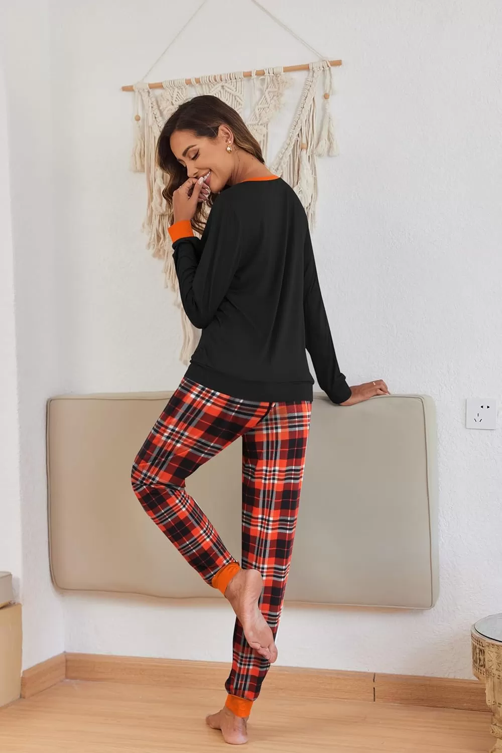 imageEkouaer Pajamas Set for Women Long Sleeve Crew Neck Comfy Pjs Lounge Sets With PocketsOrange Plaid