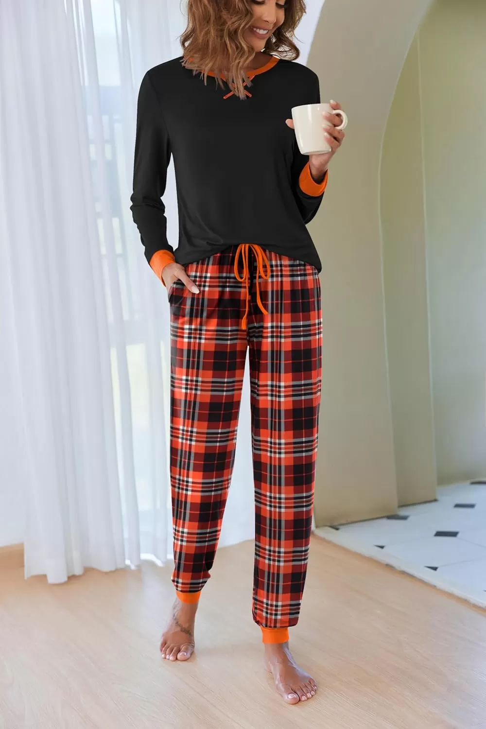 imageEkouaer Pajamas Set for Women Long Sleeve Crew Neck Comfy Pjs Lounge Sets With PocketsOrange Plaid