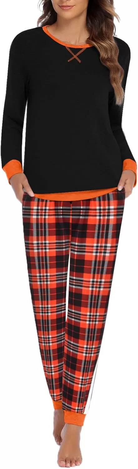 imageEkouaer Pajamas Set for Women Long Sleeve Crew Neck Comfy Pjs Lounge Sets With PocketsOrange Plaid