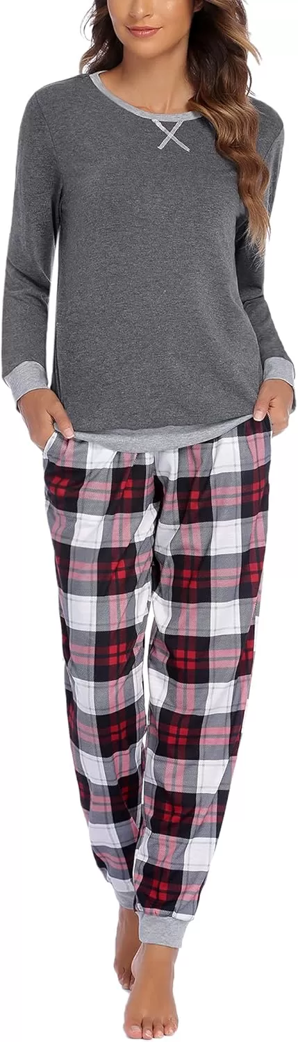 imageEkouaer Pajamas Set for Women Long Sleeve Crew Neck Comfy Pjs Lounge Sets With PocketsPat1
