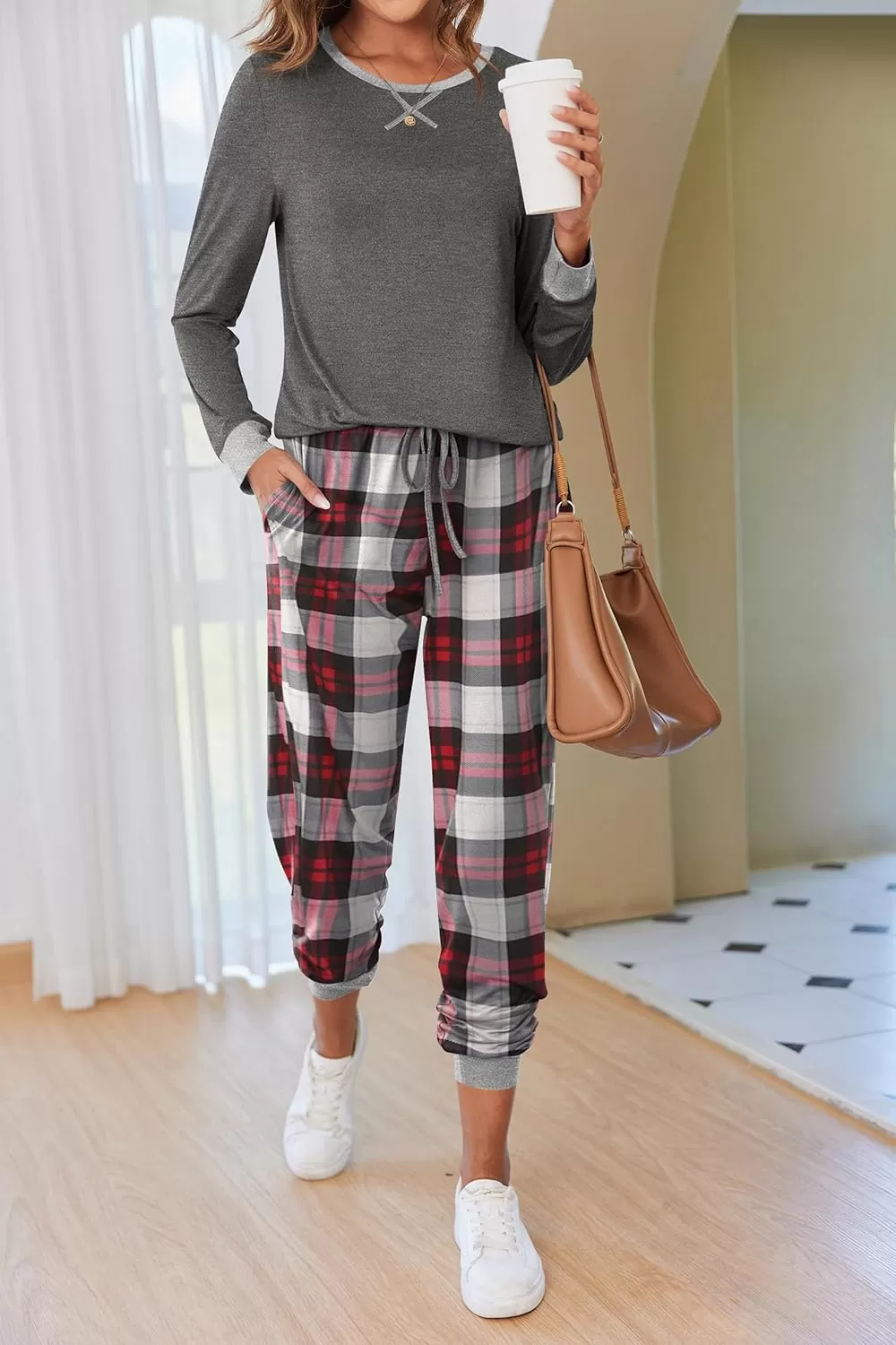 imageEkouaer Pajamas Set for Women Long Sleeve Crew Neck Comfy Pjs Lounge Sets With PocketsPat1