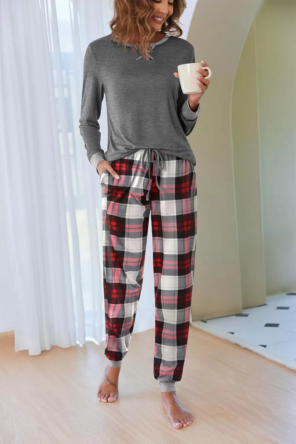 imageEkouaer Pajamas Set for Women Long Sleeve Crew Neck Comfy Pjs Lounge Sets With PocketsPat1