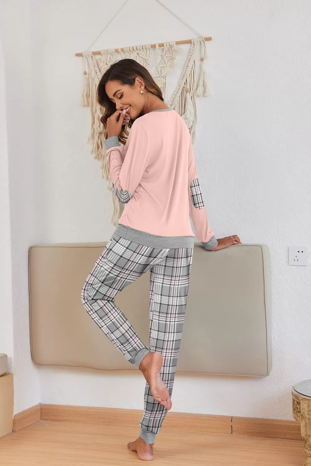 imageEkouaer Pajamas Set for Women Long Sleeve Crew Neck Comfy Pjs Lounge Sets With PocketsPink Grey Plaid
