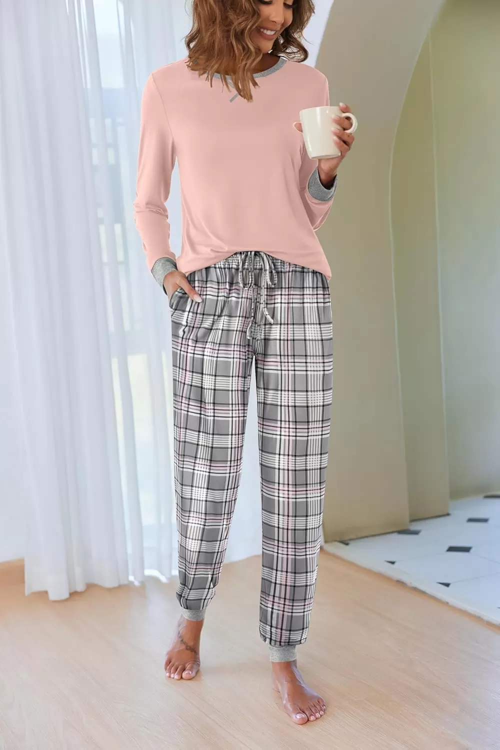 imageEkouaer Pajamas Set for Women Long Sleeve Crew Neck Comfy Pjs Lounge Sets With PocketsPink Grey Plaid