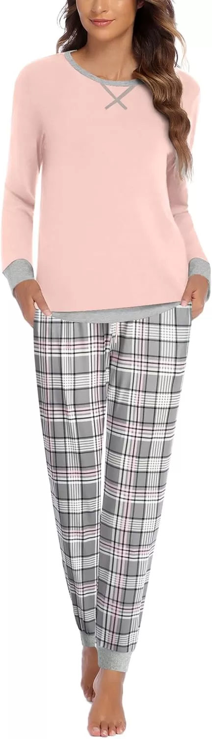 imageEkouaer Pajamas Set for Women Long Sleeve Crew Neck Comfy Pjs Lounge Sets With PocketsPink Grey Plaid