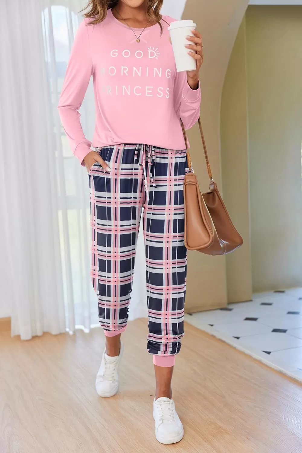 imageEkouaer Pajamas Set for Women Long Sleeve Crew Neck Comfy Pjs Lounge Sets With PocketsPink Plaid