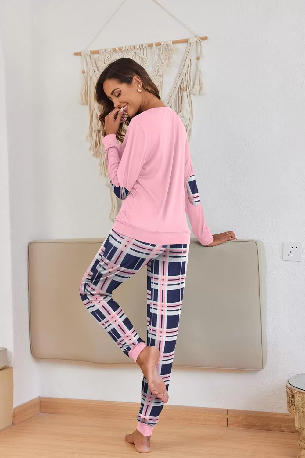 imageEkouaer Pajamas Set for Women Long Sleeve Crew Neck Comfy Pjs Lounge Sets With PocketsPink Plaid