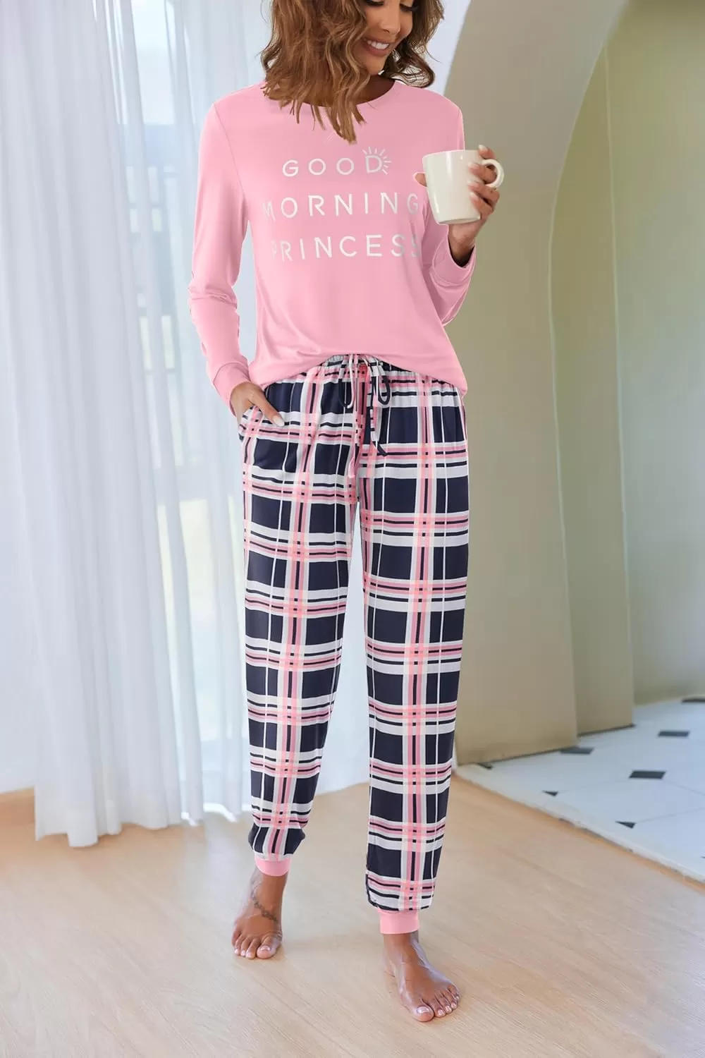 imageEkouaer Pajamas Set for Women Long Sleeve Crew Neck Comfy Pjs Lounge Sets With PocketsPink Plaid