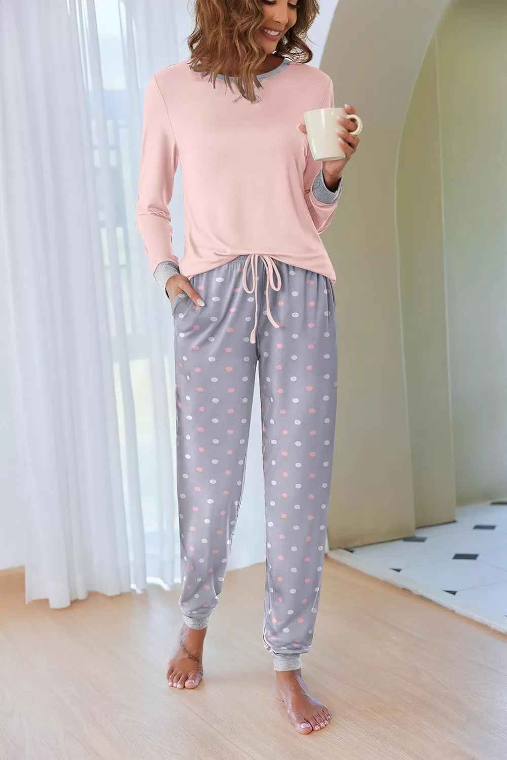 imageEkouaer Pajamas Set for Women Long Sleeve Crew Neck Comfy Pjs Lounge Sets With PocketsPink Polka Dots