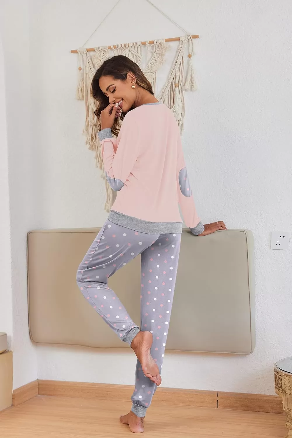 imageEkouaer Pajamas Set for Women Long Sleeve Crew Neck Comfy Pjs Lounge Sets With PocketsPink Polka Dots