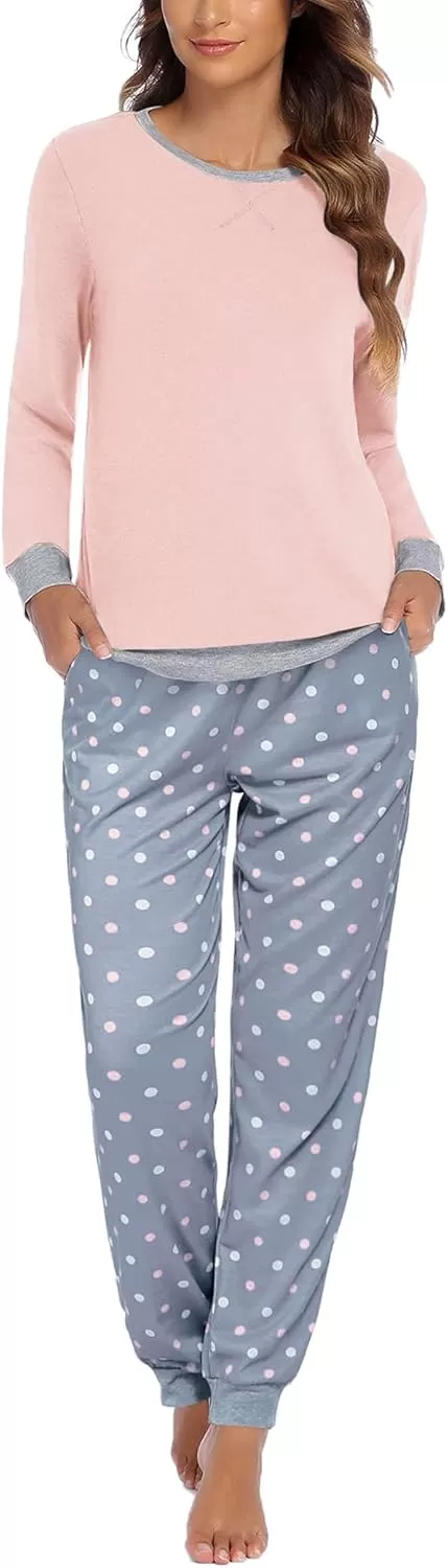 imageEkouaer Pajamas Set for Women Long Sleeve Crew Neck Comfy Pjs Lounge Sets With PocketsPink Polka Dots