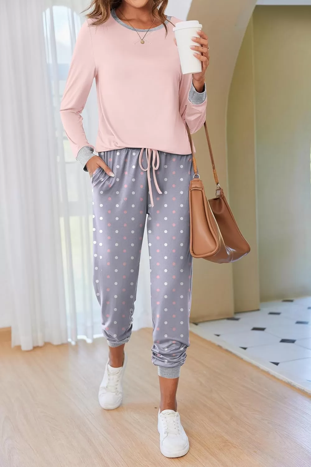 imageEkouaer Pajamas Set for Women Long Sleeve Crew Neck Comfy Pjs Lounge Sets With PocketsPink Polka Dots