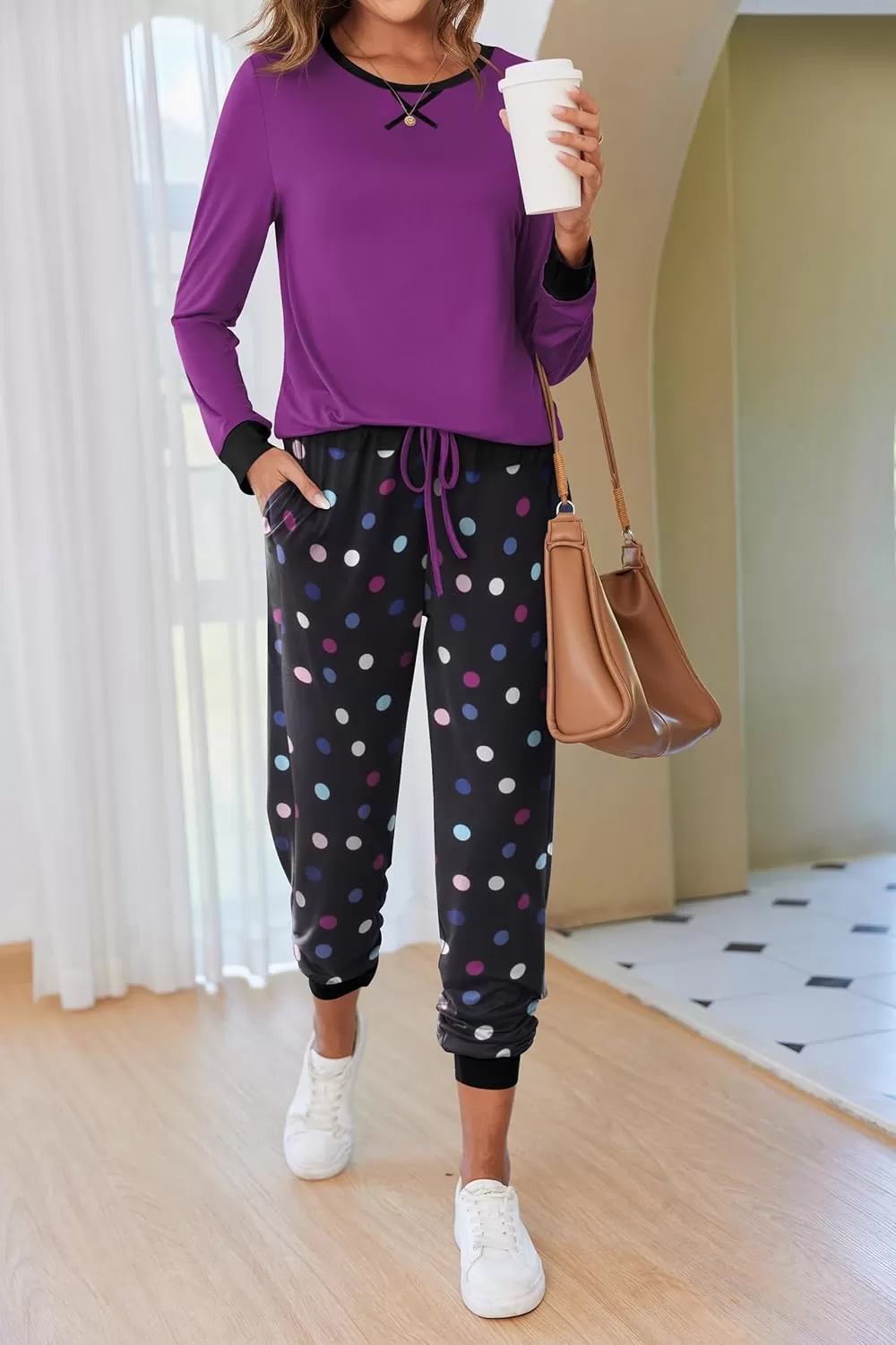 imageEkouaer Pajamas Set for Women Long Sleeve Crew Neck Comfy Pjs Lounge Sets With PocketsPurple Polka Dots