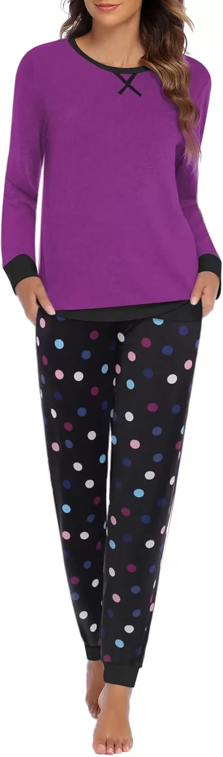 imageEkouaer Pajamas Set for Women Long Sleeve Crew Neck Comfy Pjs Lounge Sets With PocketsPurple Polka Dots