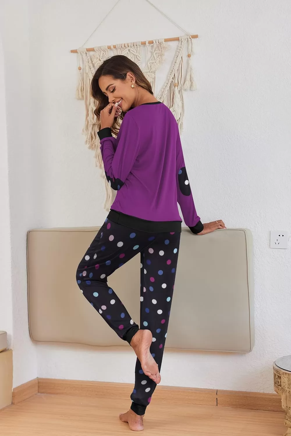 imageEkouaer Pajamas Set for Women Long Sleeve Crew Neck Comfy Pjs Lounge Sets With PocketsPurple Polka Dots