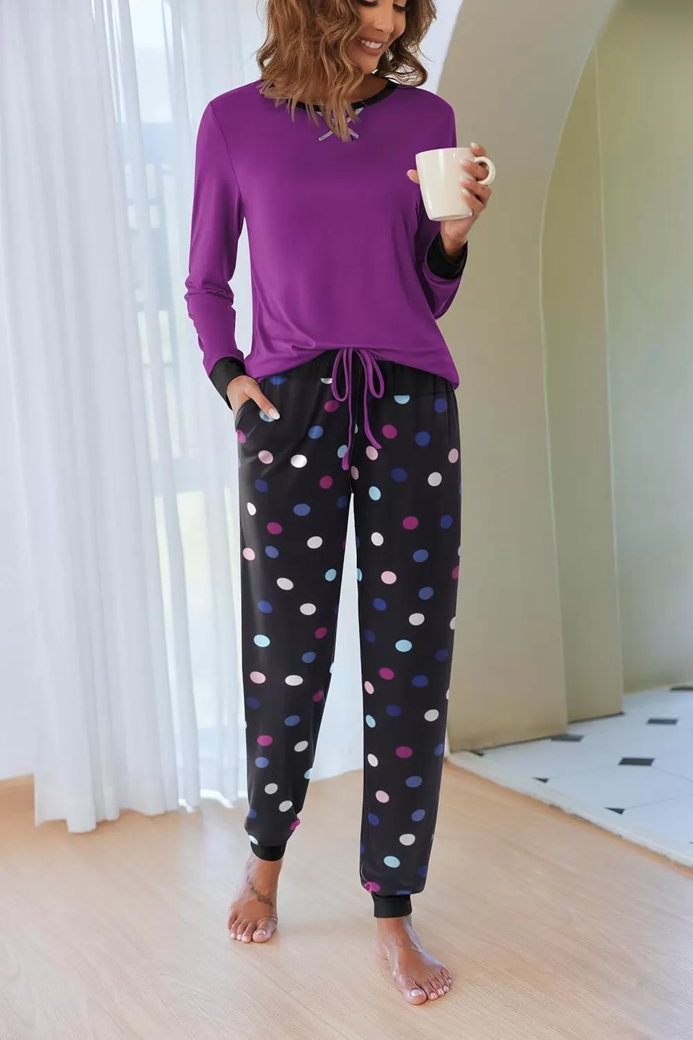imageEkouaer Pajamas Set for Women Long Sleeve Crew Neck Comfy Pjs Lounge Sets With PocketsPurple Polka Dots
