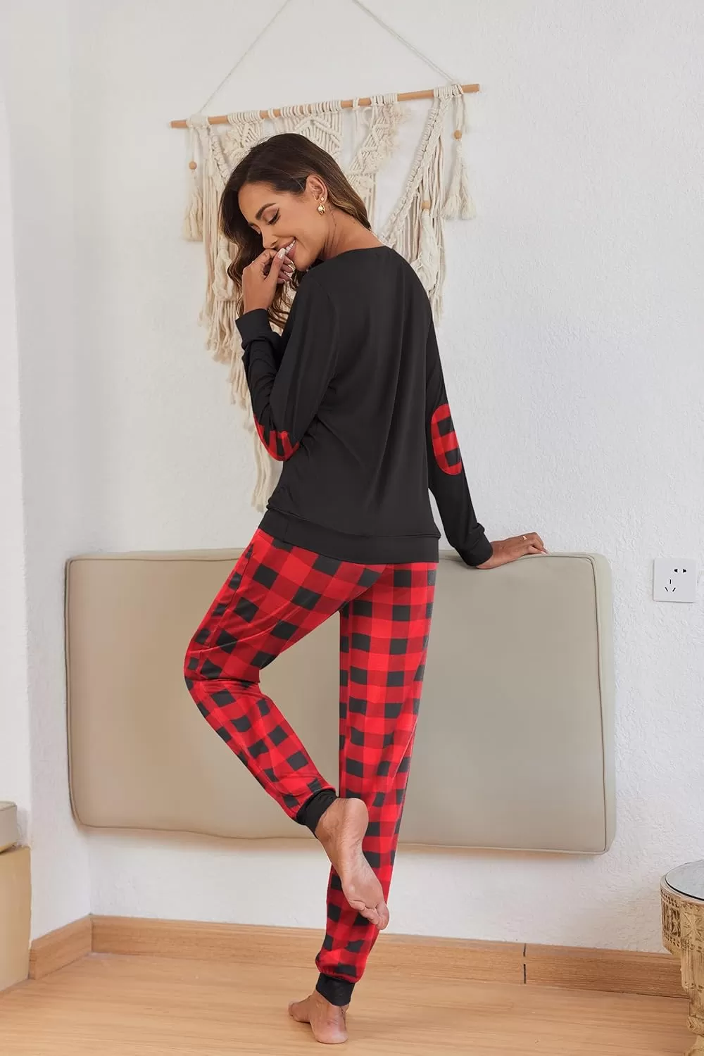 imageEkouaer Pajamas Set for Women Long Sleeve Crew Neck Comfy Pjs Lounge Sets With PocketsRed Plaid