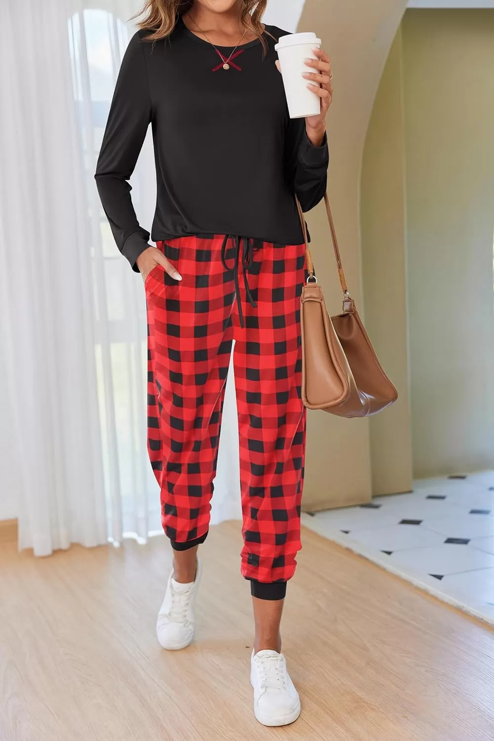 imageEkouaer Pajamas Set for Women Long Sleeve Crew Neck Comfy Pjs Lounge Sets With PocketsRed Plaid
