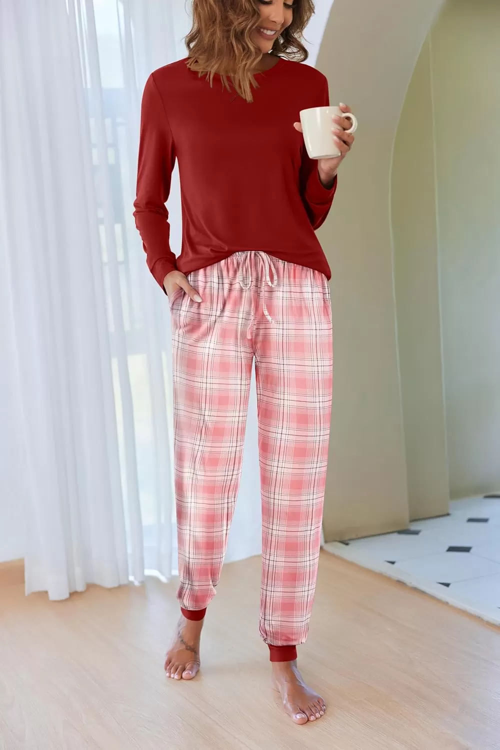 imageEkouaer Pajamas Set for Women Long Sleeve Crew Neck Comfy Pjs Lounge Sets With PocketsWind Red Plaid