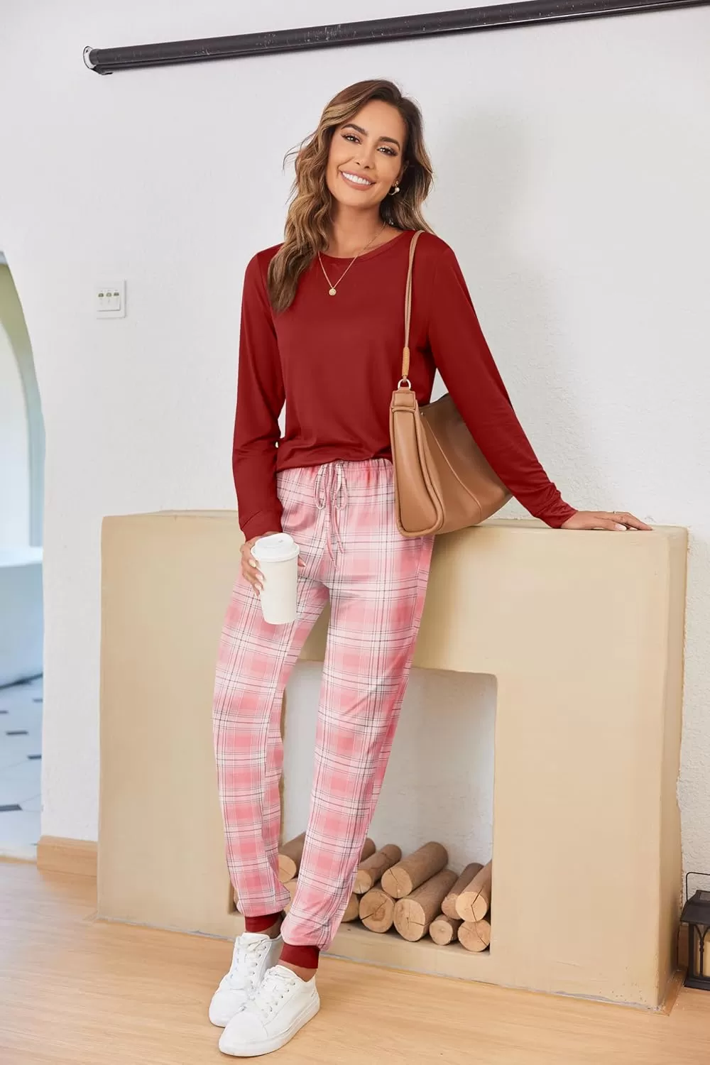 imageEkouaer Pajamas Set for Women Long Sleeve Crew Neck Comfy Pjs Lounge Sets With PocketsWind Red Plaid