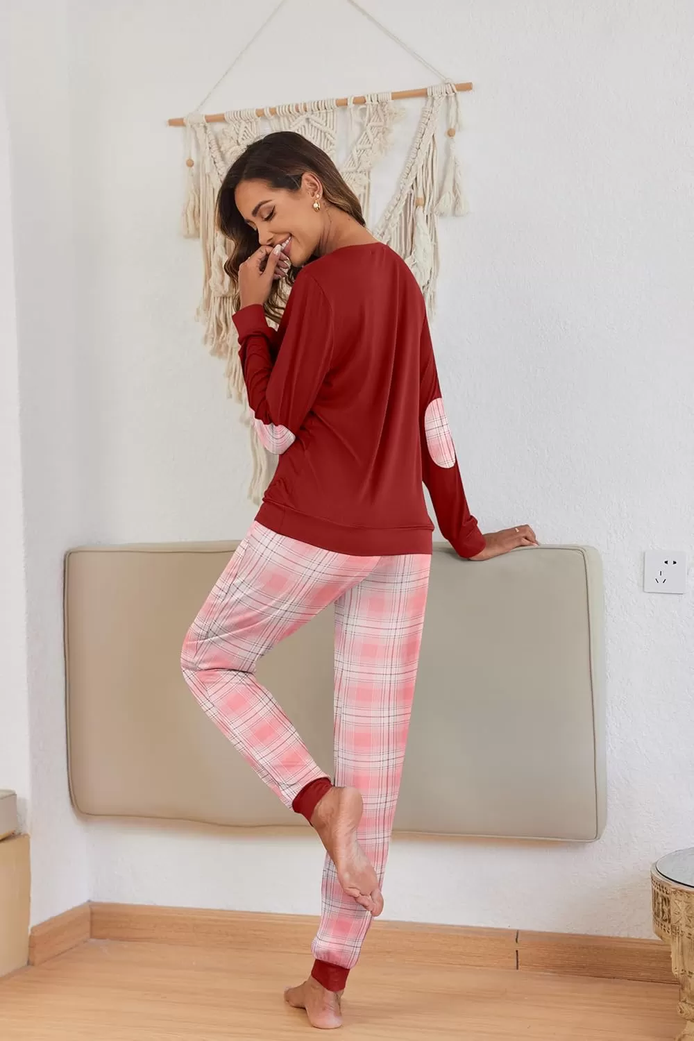 imageEkouaer Pajamas Set for Women Long Sleeve Crew Neck Comfy Pjs Lounge Sets With PocketsWind Red Plaid
