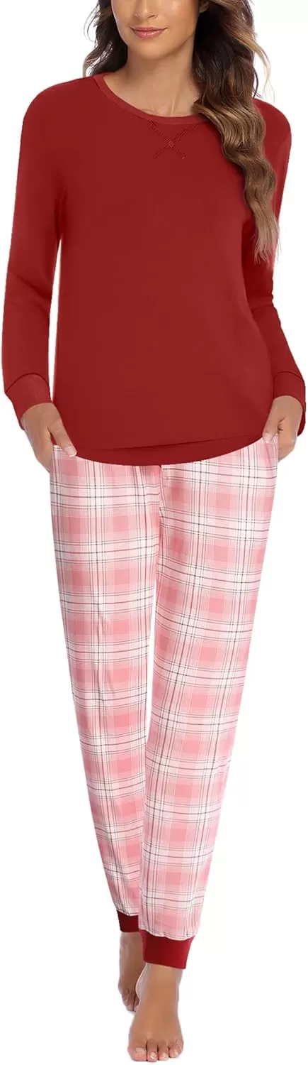 imageEkouaer Pajamas Set for Women Long Sleeve Crew Neck Comfy Pjs Lounge Sets With PocketsWind Red Plaid
