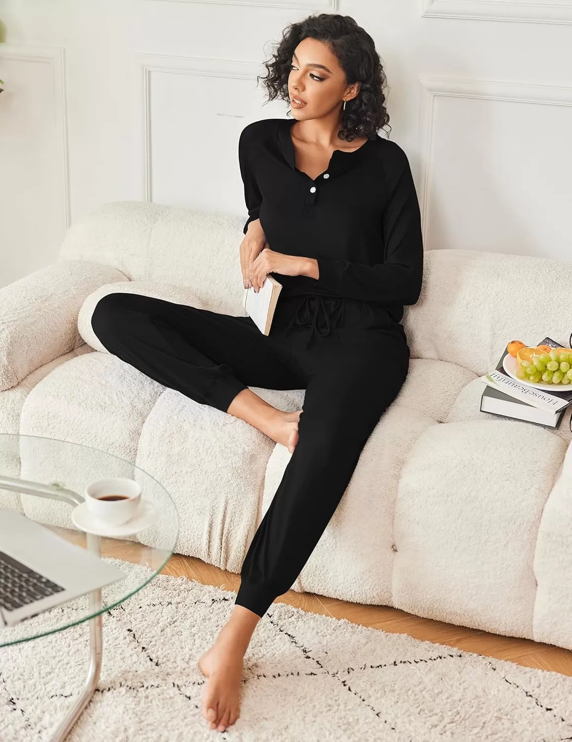 imageEkouaer Womens Pajamas Long Sleeve Jogger Sets Comfy Pjs Soft Loungewear 2 Piece Lounge Sets with Pockets SXXLBlack