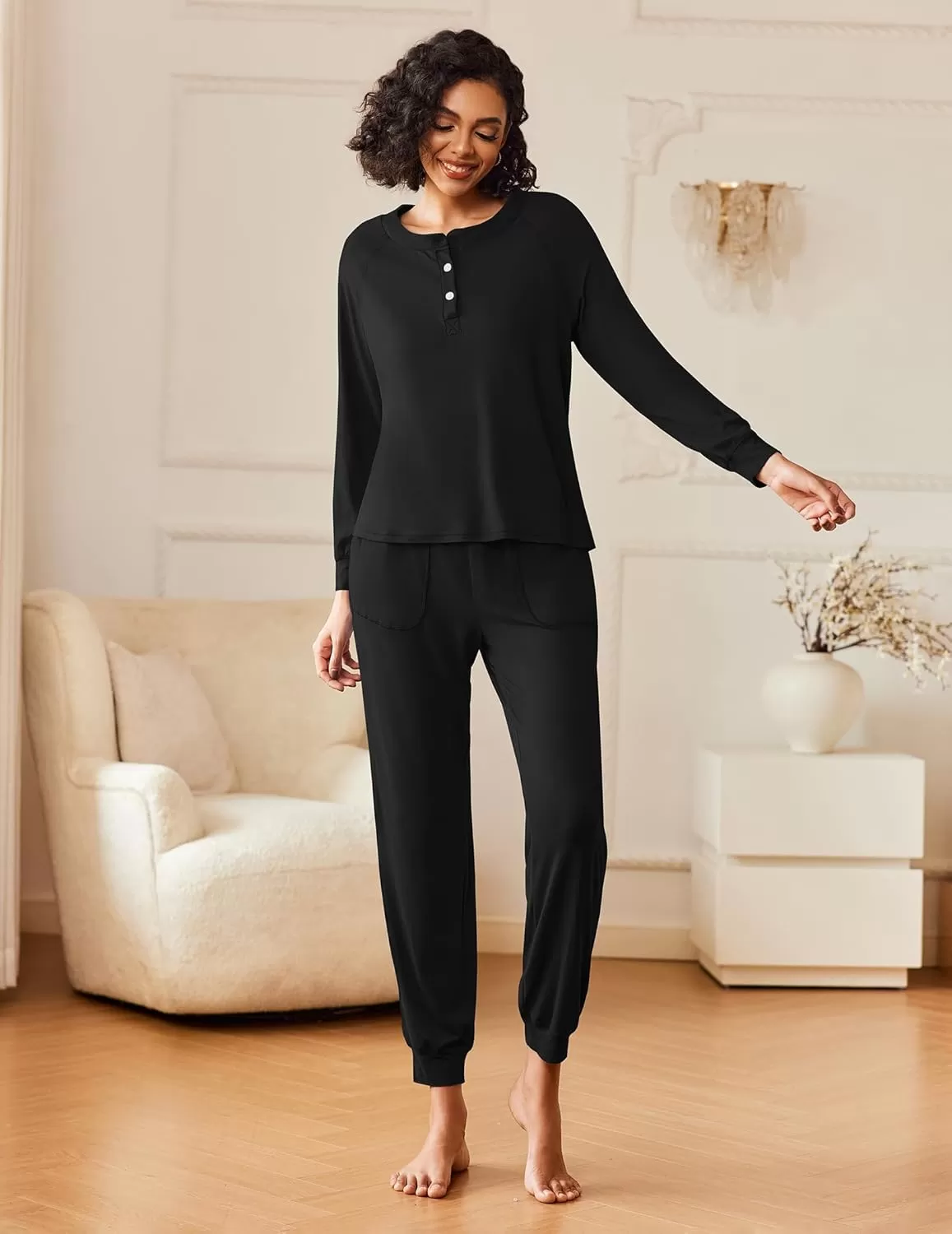 imageEkouaer Womens Pajamas Long Sleeve Jogger Sets Comfy Pjs Soft Loungewear 2 Piece Lounge Sets with Pockets SXXLBlack