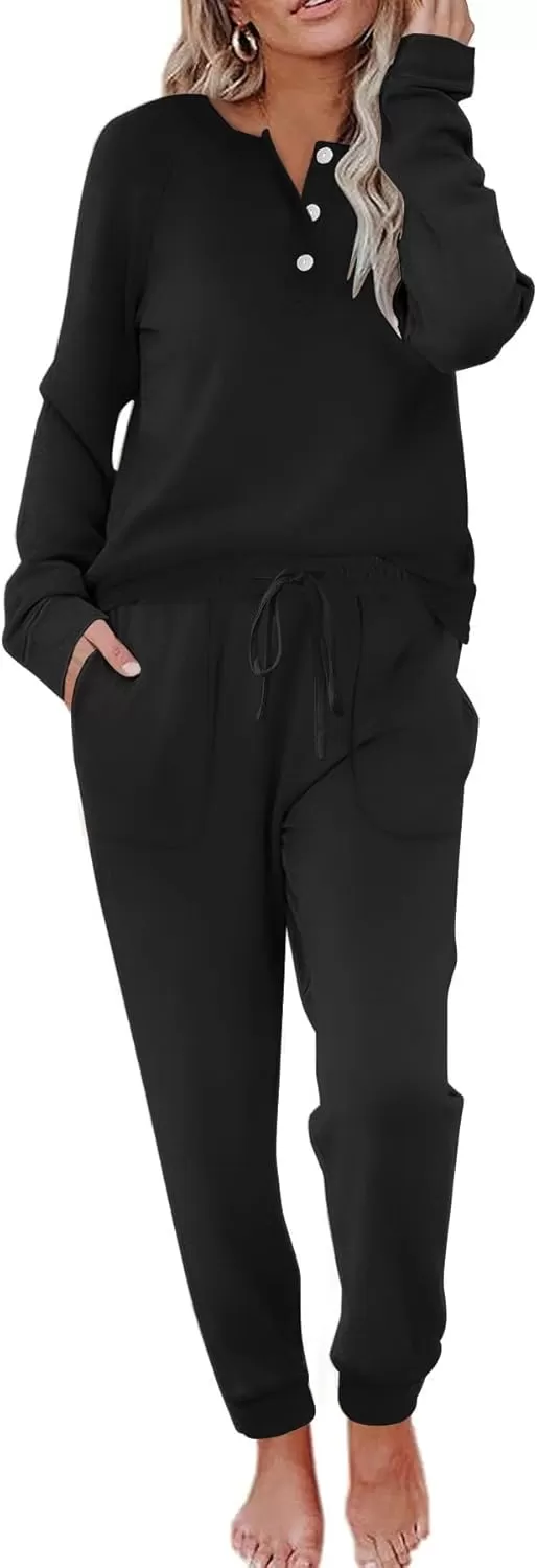 imageEkouaer Womens Pajamas Long Sleeve Jogger Sets Comfy Pjs Soft Loungewear 2 Piece Lounge Sets with Pockets SXXLBlack