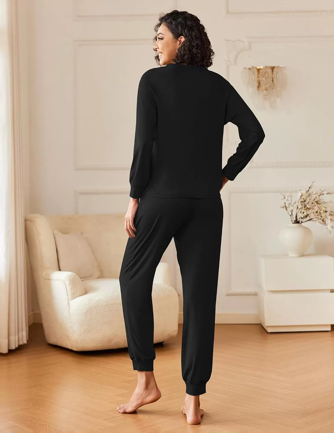 imageEkouaer Womens Pajamas Long Sleeve Jogger Sets Comfy Pjs Soft Loungewear 2 Piece Lounge Sets with Pockets SXXLBlack
