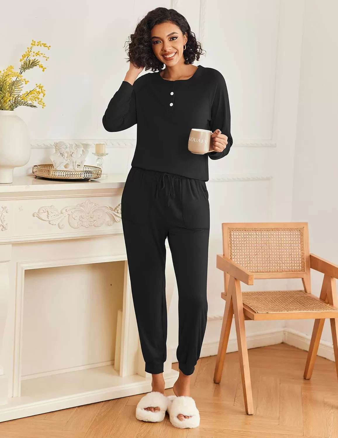 imageEkouaer Womens Pajamas Long Sleeve Jogger Sets Comfy Pjs Soft Loungewear 2 Piece Lounge Sets with Pockets SXXLBlack