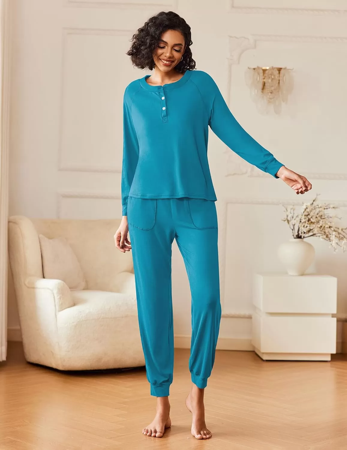 imageEkouaer Womens Pajamas Long Sleeve Jogger Sets Comfy Pjs Soft Loungewear 2 Piece Lounge Sets with Pockets SXXLBlue Green