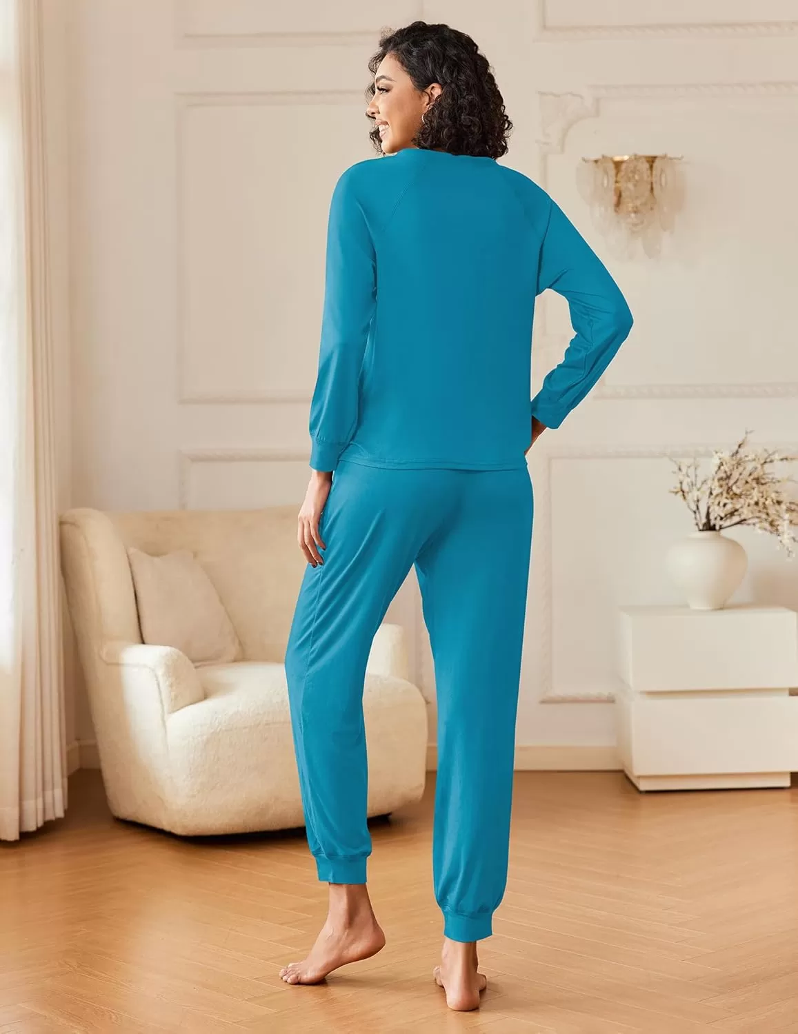 imageEkouaer Womens Pajamas Long Sleeve Jogger Sets Comfy Pjs Soft Loungewear 2 Piece Lounge Sets with Pockets SXXLBlue Green