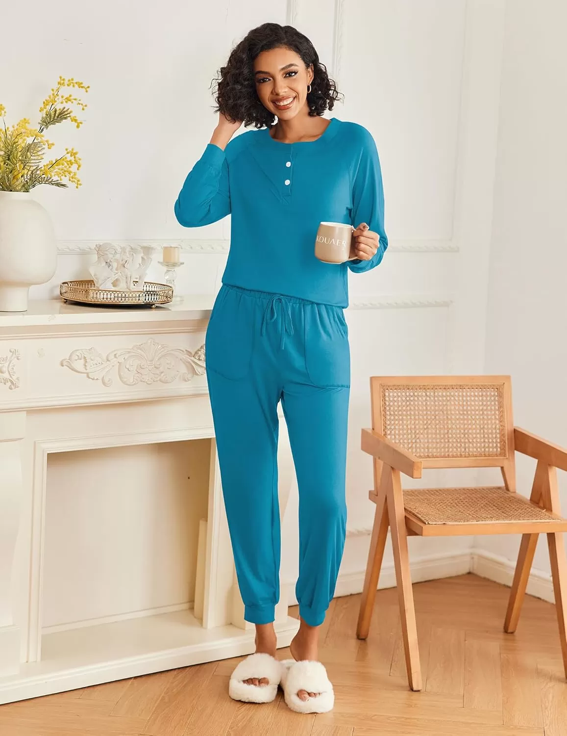 imageEkouaer Womens Pajamas Long Sleeve Jogger Sets Comfy Pjs Soft Loungewear 2 Piece Lounge Sets with Pockets SXXLBlue Green