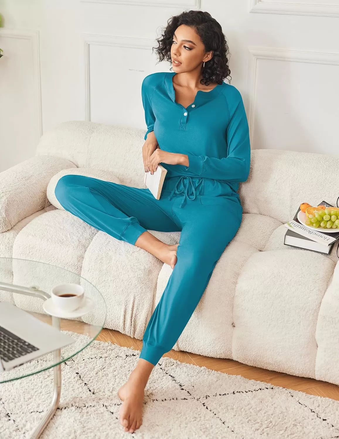 imageEkouaer Womens Pajamas Long Sleeve Jogger Sets Comfy Pjs Soft Loungewear 2 Piece Lounge Sets with Pockets SXXLBlue Green