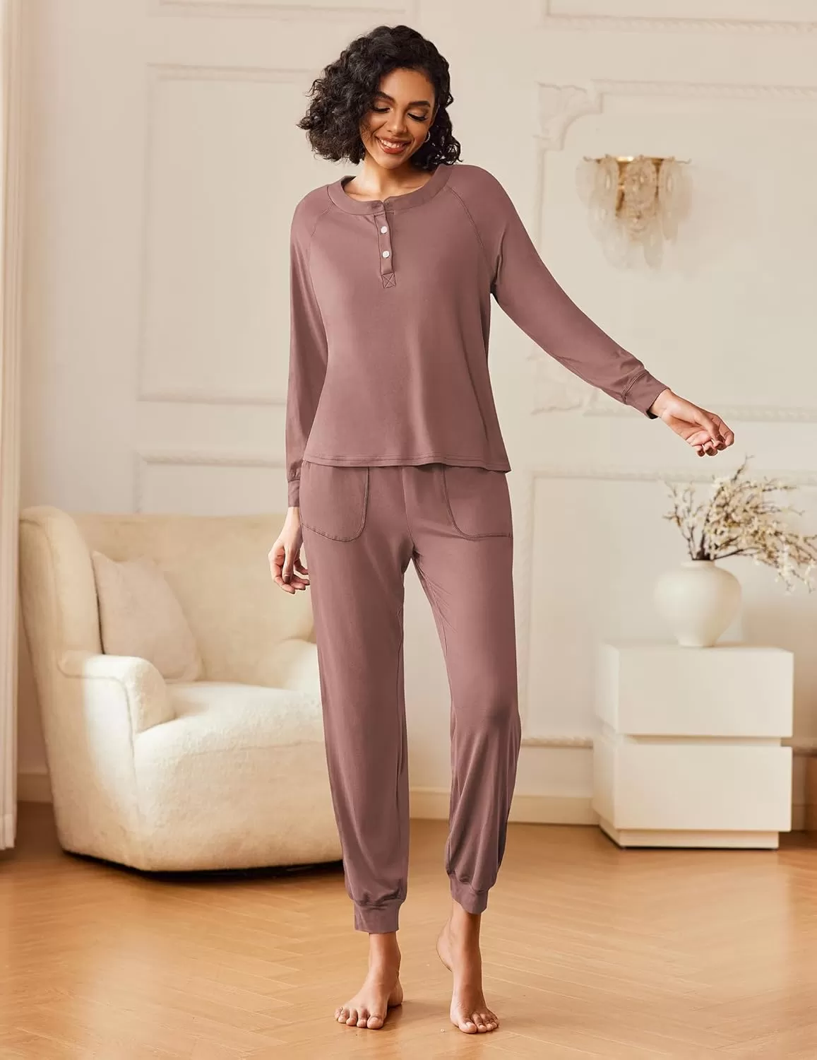imageEkouaer Womens Pajamas Long Sleeve Jogger Sets Comfy Pjs Soft Loungewear 2 Piece Lounge Sets with Pockets SXXLBrown