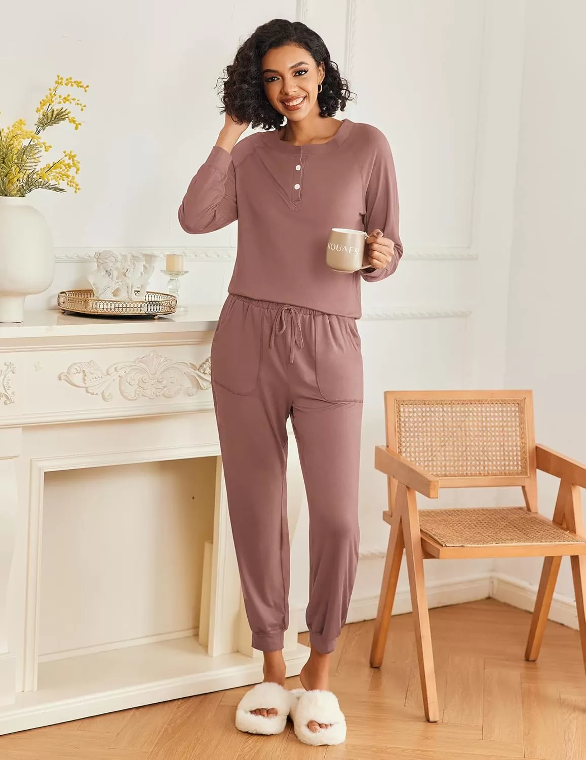 imageEkouaer Womens Pajamas Long Sleeve Jogger Sets Comfy Pjs Soft Loungewear 2 Piece Lounge Sets with Pockets SXXLBrown