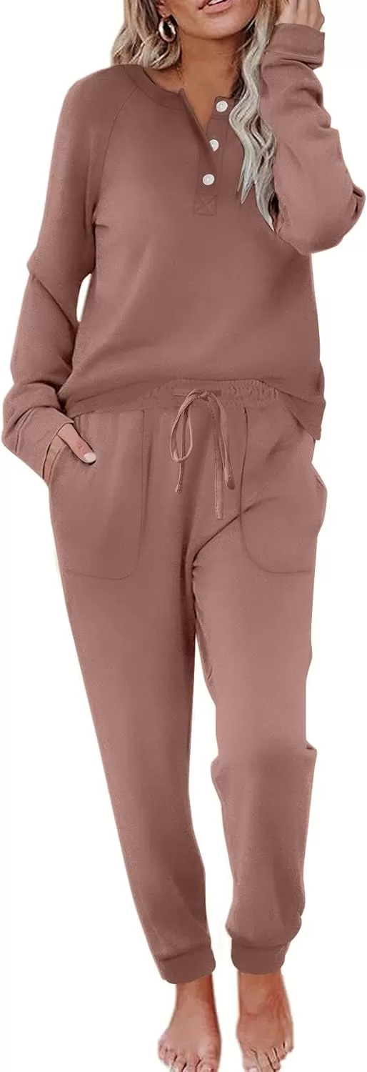 imageEkouaer Womens Pajamas Long Sleeve Jogger Sets Comfy Pjs Soft Loungewear 2 Piece Lounge Sets with Pockets SXXLBrown