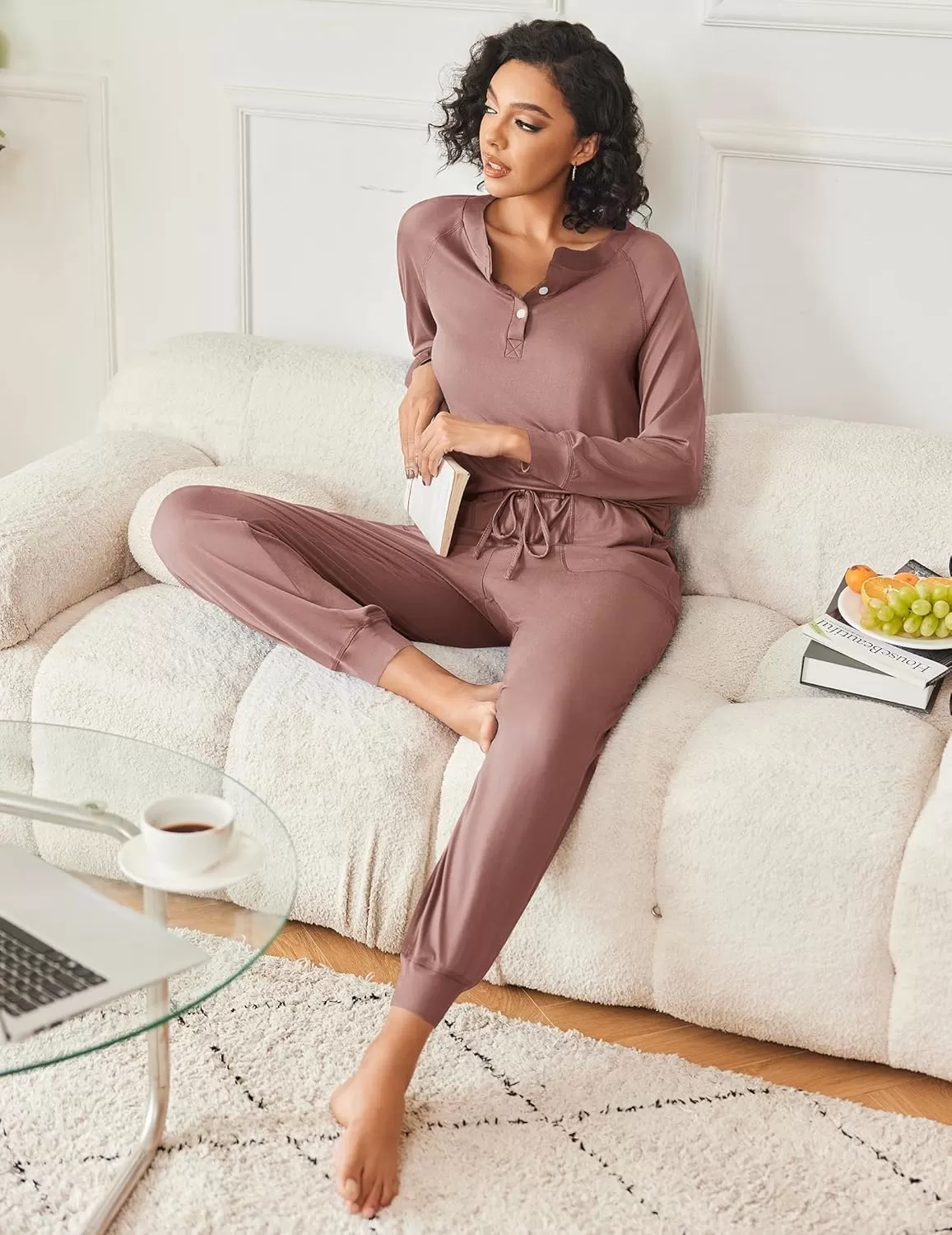 imageEkouaer Womens Pajamas Long Sleeve Jogger Sets Comfy Pjs Soft Loungewear 2 Piece Lounge Sets with Pockets SXXLBrown