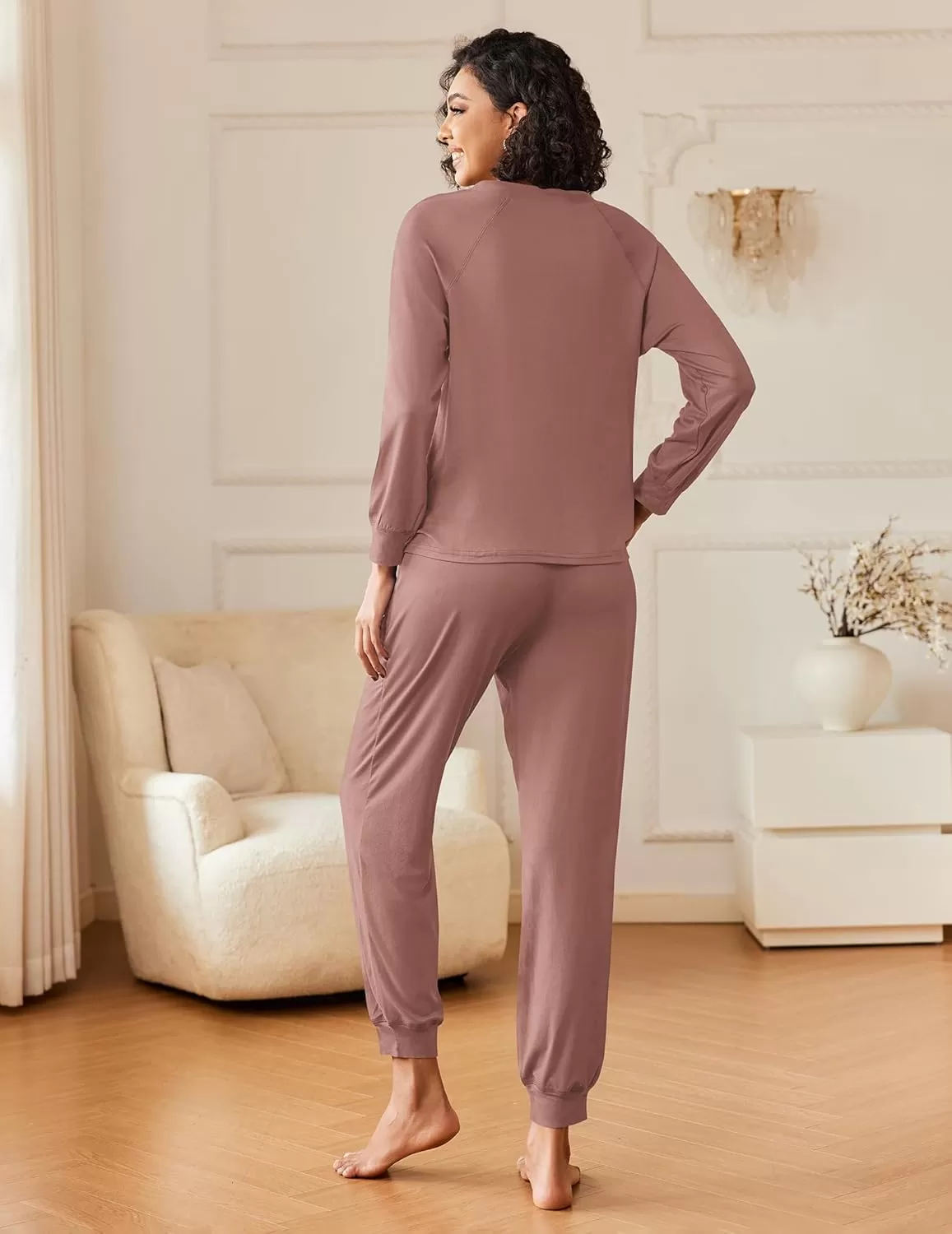 imageEkouaer Womens Pajamas Long Sleeve Jogger Sets Comfy Pjs Soft Loungewear 2 Piece Lounge Sets with Pockets SXXLBrown