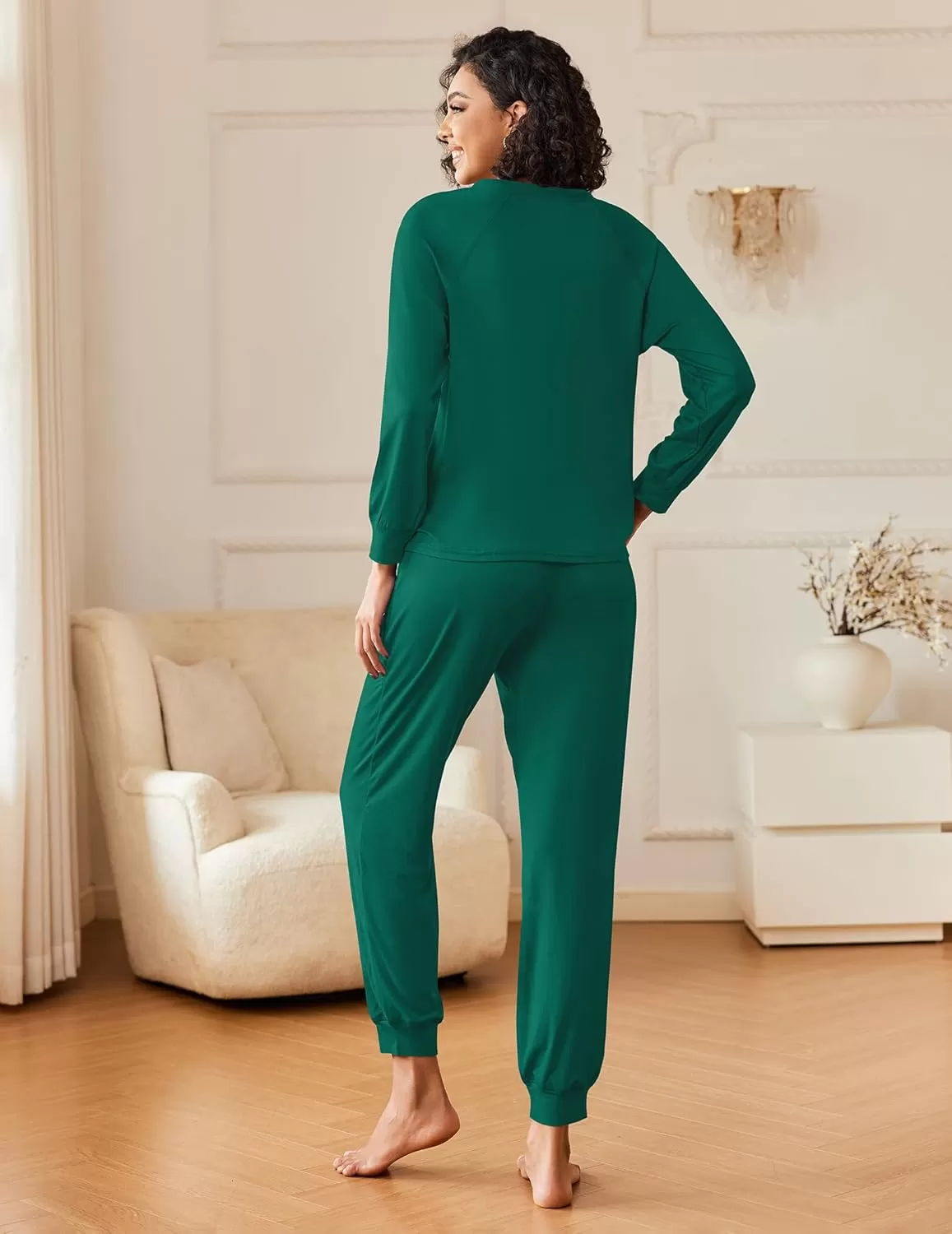 imageEkouaer Womens Pajamas Long Sleeve Jogger Sets Comfy Pjs Soft Loungewear 2 Piece Lounge Sets with Pockets SXXLDark Green